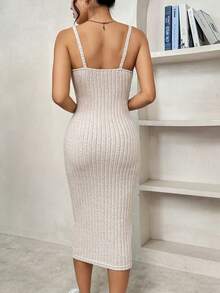 SHEIN Essnce 女裝肋紋方領背心連身裙 - 杏色 - 查看 2