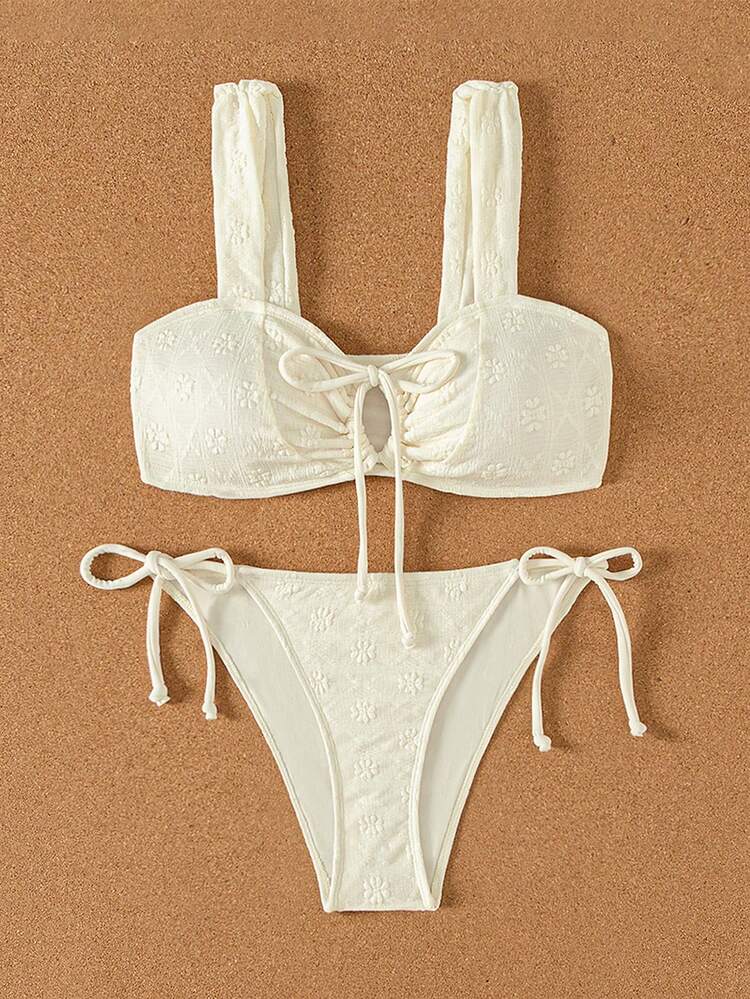 Ladies' Solid Color Front Tie Bikini Set, String Bikini Set Bathing Suit Beach Outfit Summer Vacation