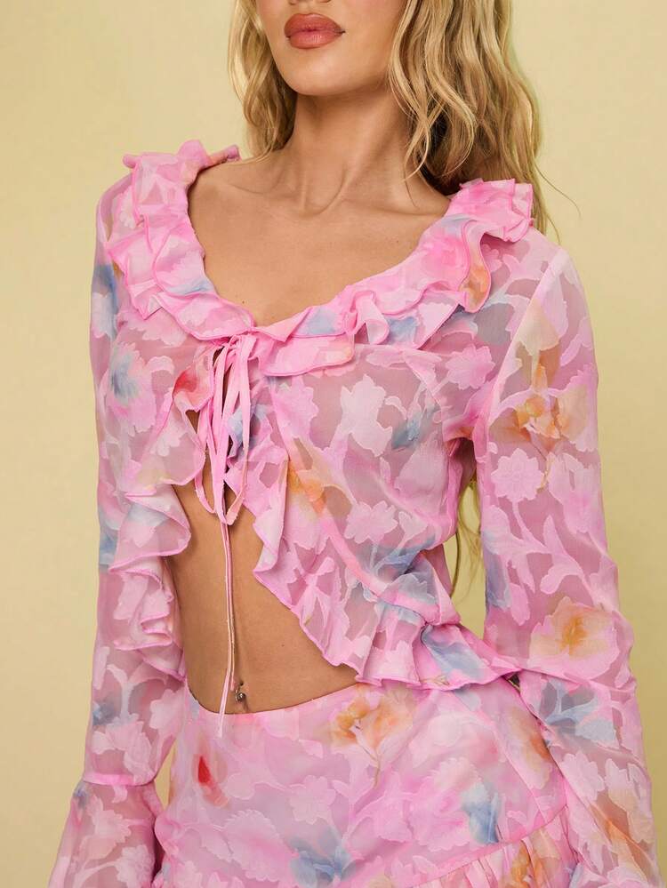 Women's Textured Floral Print Ruffle Hem Tie Front Shirt