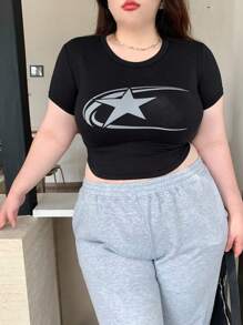 Dazy Plus Plus Size Slim Fit Star Pattern Round Neck Short Sleeve T-Shirt