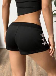SHEIN Unity Women's Sexy American Style Ultra Short Shorts With Star Pattern - Black - View 2