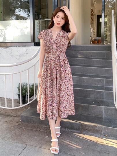 DAZY 女士碎花印花短袖连衣裙 吊带裙 度假装扮 波西米亚风