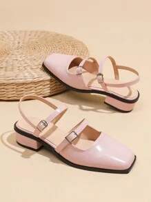 Mary Jane Women's Pumps, Square Toe Chunky Heel Fashionable Ladies High Heels Sandals - Baby Pink - View 3