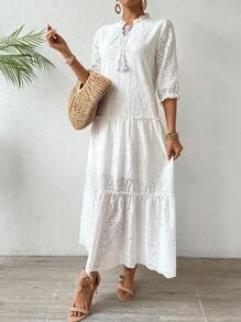 Breezaya Hollow Out Embroidered Dress With Bow Tie Collar And Ruffle Hem - White - View 3