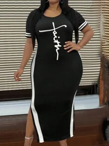 Maweii 女款字母條紋印花大尺碼修身連身裙 - 黑與白 - 查看 5