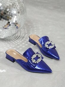 2025 Autumn Women Rhinestone Strap Adjustable Buckle Flat Sandals, Slingback Design Everyday Versatile Slip-On Shoes,Mule - Royal Blue - View 3