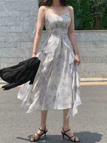 DAZY Damen elegantes Sommerkleid mit floraler Bedruckung, geraffter Taille und Rüschensaum an den Trägern, Lässig Damenkleid