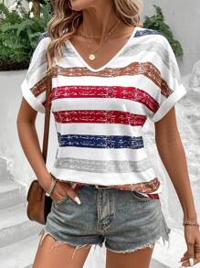 SHEIN LUNE V-Neck Batwing Striped Short Sleeve T-Shirt - Multicolor - View 1