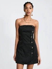 Maija Sọc Chi tiết Nút Quây Đầm - màu đen - Xem 4