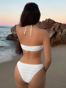 SHEIN Swim Vcay 夏日沙灘實色質感領口比基尼套裝 - 白色 - 查看 2