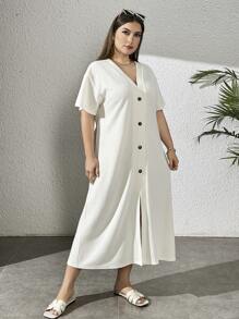 SHEIN Essnce Women's Plus Size Comfortable And Casual Apricot Long Dresses With Decorative Button, Slit, V-Neck - Apricot - View 4