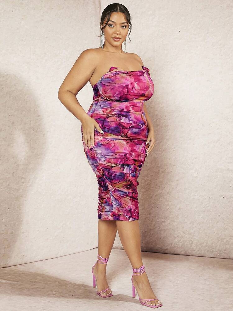 Plus Size Floral Print Pleated Bodycon Midi Bandeau Dress