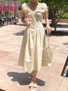 DAZY Women's Solid Color V-Neck Puff Sleeve Short Dress Sundress,Casual Women Dresses - Apricot - View 7