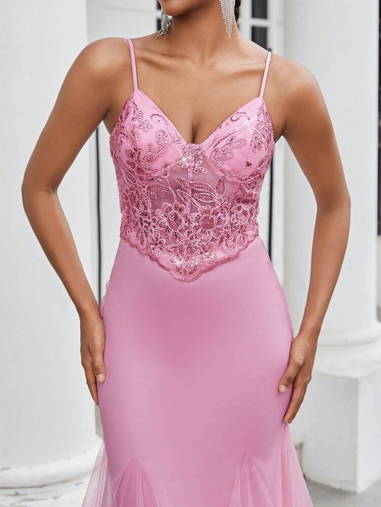 Elegant Gorgeous Charming Lotus Pink Spaghetti Straps Bust Cups Luxury Sequins Embroidery See-Through Taking Edge Splicing Decoration Fishbone High Waist Skinny Oversized Dress Long Mermaid And Under Swing Graduation Season Wedding Quarterly Fake Women Heavy Duty Evening Gowns