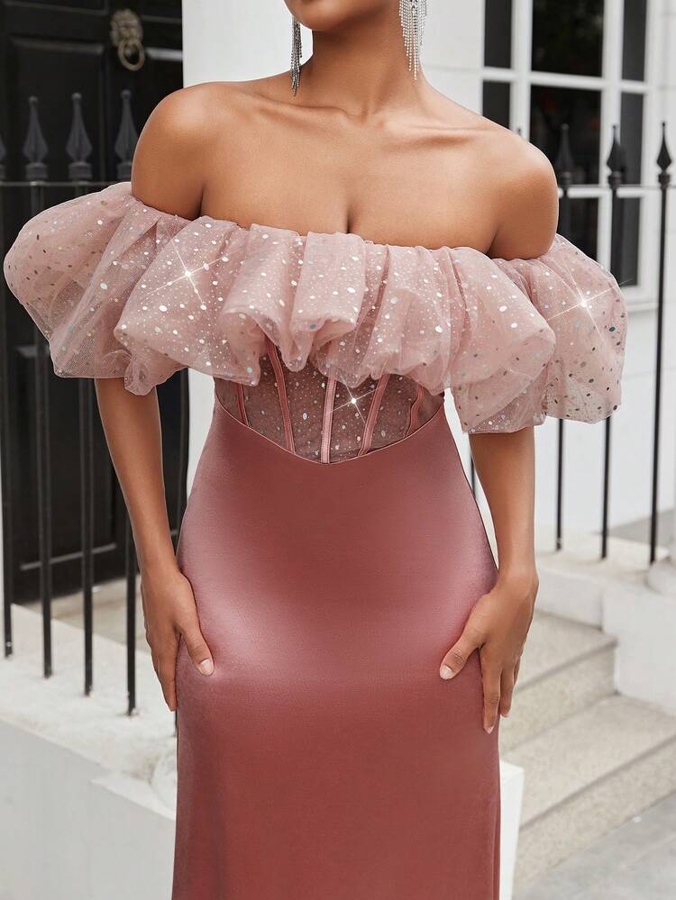 Women's Perspective Patchwork Mermaid Hem Ruffle Off Shoulder Evening Formal Dress