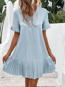 SHEIN LUNE 純色寬鬆連身裙,褶皺下擺和紐帶細節 - 淺藍色 - 查看 5