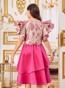 SHEIN Tween Girls' Layered Ruffle Sleeve Jacquard Shirt And Asymmetrical Double-Layered Hem Skirt Set - Hot Pink - View 10