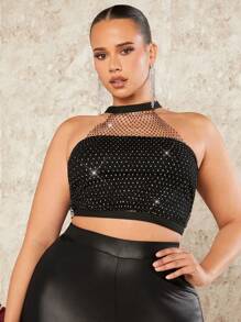 SHEIN BAE Plus Size Women's Glamorous Sheer Fishnet Halter Top With Diamond Decoration For Club & Festival