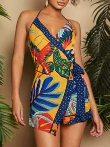 Travachic Mono De Estilo De Vacaciones De Mujer Con Cuello Halter Envuelto Y Atado Con Estampado De Plantas - Multicolor - Ver 7