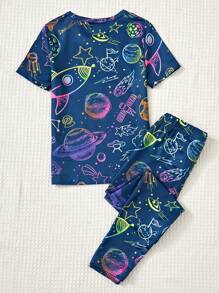 Young Boy Cool Fluorescent Planet System Pattern Printed Round Neck Top And Snug Fit Long Pants PJ Set - Royal Blue - View 4