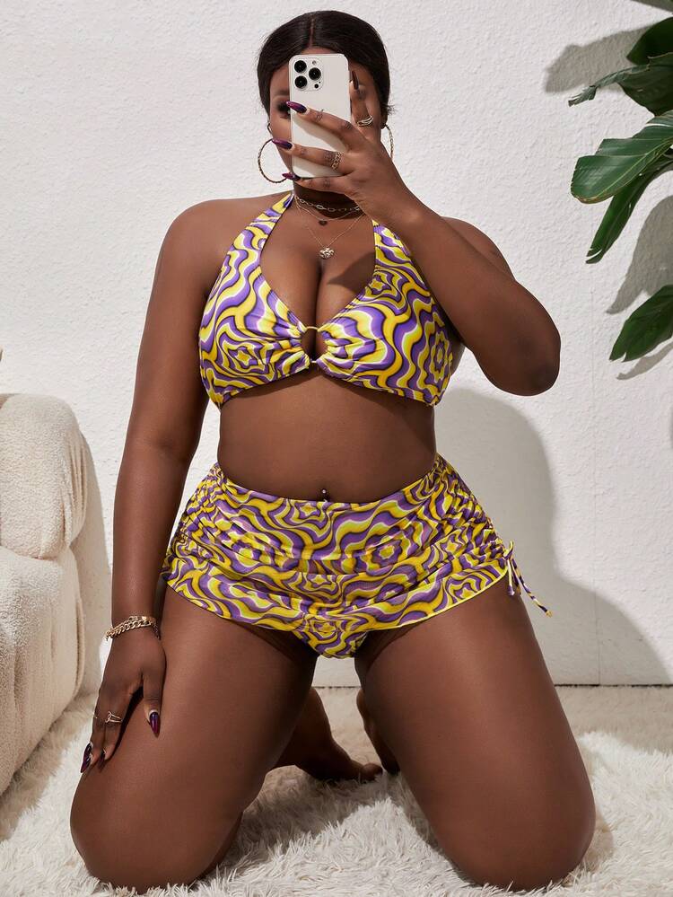 Plus Size Women's Wave Striped Halter Neck 3-Piece Bikini Set Summer Beach