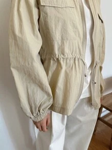 FRIFUL Women's Drawstring Waist Baseball Collar Jacket,Fall Clothes - Beige - View 6