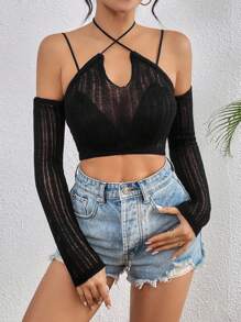 SHEIN Unity Pull court épaules dénudées de couleur unie pour femmes, pull tricoté pour l'automne et l'hiver - Noir - Voir 6