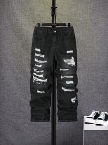 SHEIN 少年男孩時尚休閒割破水洗牛仔褲 - 黑色 - 查看 1