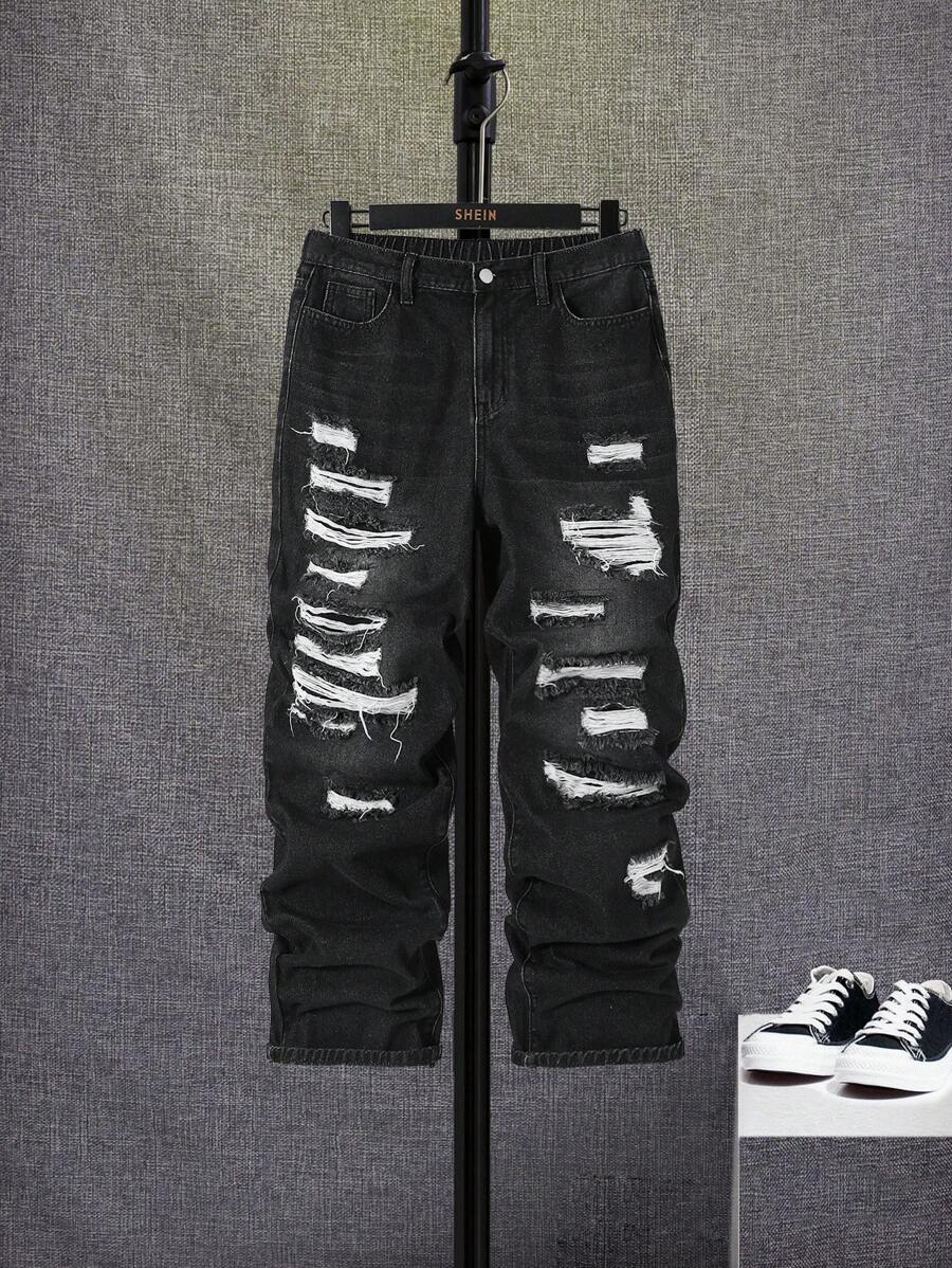 SHEIN 少年男孩時尚休閒割破水洗牛仔褲 - 黑色 - 查看 1