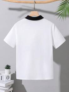 SHEIN Cậu bé Tween Lỏng lẻo phù hợp Giải trí Mẫu sọc Collared Ngắn tay Áo polo - trắng - Xem 2
