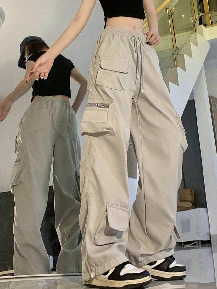Flap Pocket Drawstring Waist Cargo Trousers - Grey - View 1
