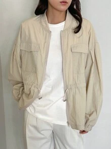 FRIFUL Women's Drawstring Waist Baseball Collar Jacket,Fall Clothes - Beige - View 3