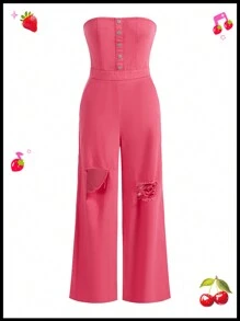 SHEINNeu Quirky Fun Dopamine Jumpsuits Summer Outfits Spring Break Cargo Pants Hole Pink Strapless Jumpsuit