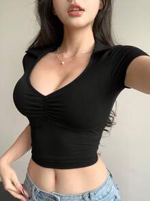DAZY V-Neck Slim Fit Cropped Solid Color T-Shirt - Black - View 6