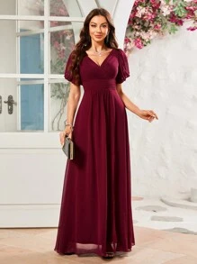 UNITHORSE Váy phù dâu bằng vải voan xẻ tà, tay bèo nhún, thân váy xếp ly, hở lưng - Màu Đỏ Sâu - Xem 5
