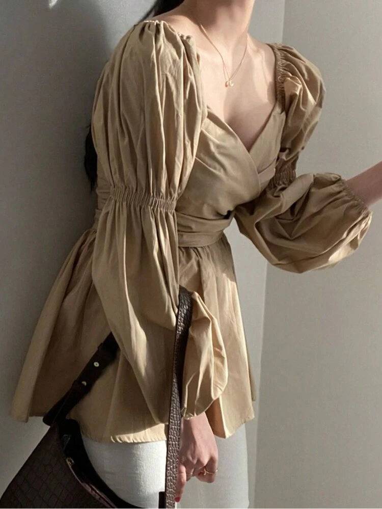 Ladies' Plain Lantern Sleeve Shirt With Pleats And Sweetheart Collar,Ruffle,Fall Clothes Long Sleeve Top Babydoll Top