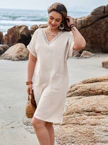 EMERY ROSE Plus Size Women's Solid Color Double Pocket Batwing Sleeve Linen Dress - Apricot - View 4