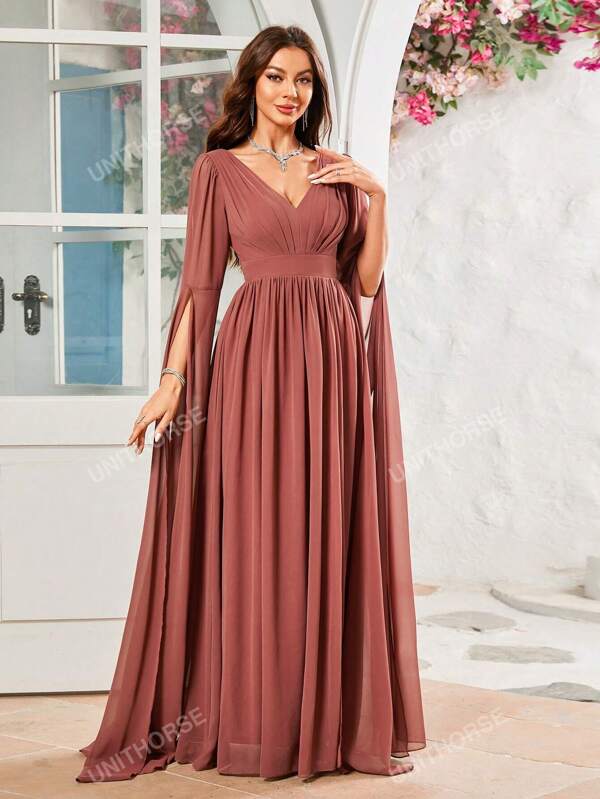 V-Neck Ruched Front High Slit Chiffon Long Formal Dress With Flared Sleeves