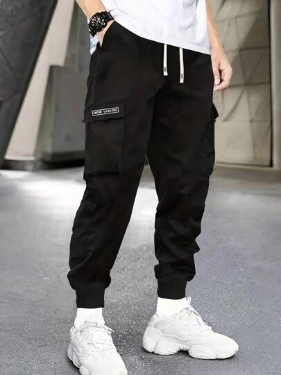 Men's Casual Letter Print Drawstring Waist Cargo Jogger Sweatpants For Spring Autumn