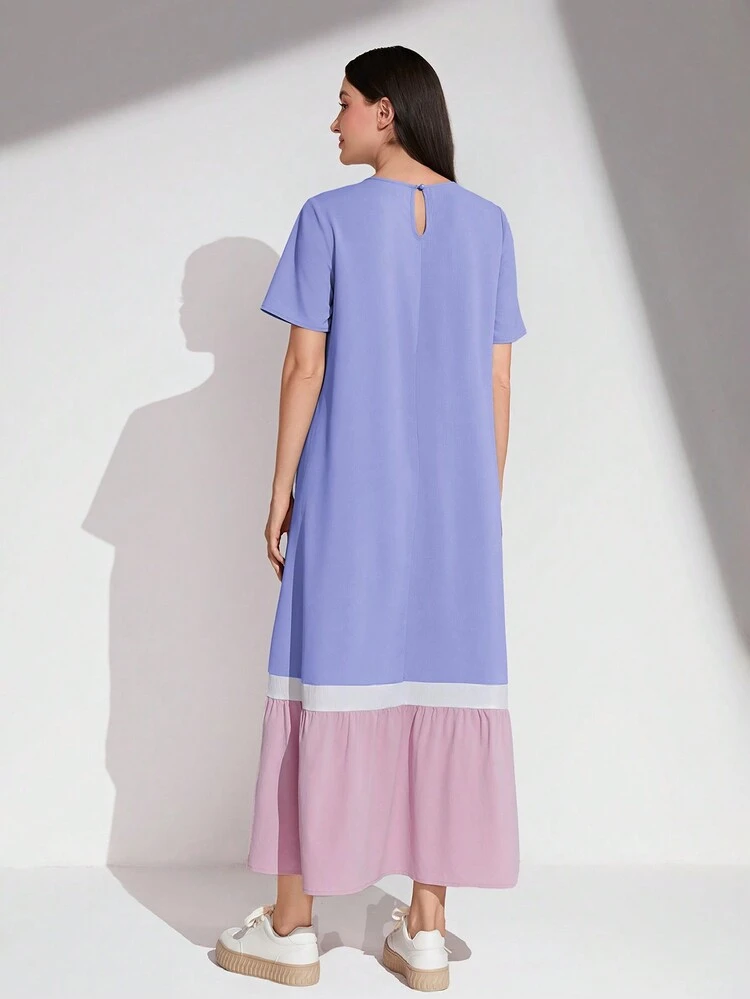 Women's Colorblock Short-Sleeve Dress With Lotus Leaf Hem