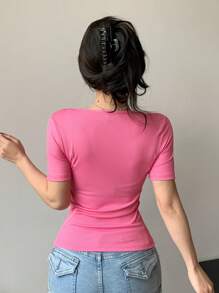 DAZY Solid Color Square Neck Slim Fit Pleated Short Sleeve T-Shirt - Hot Pink - View 2