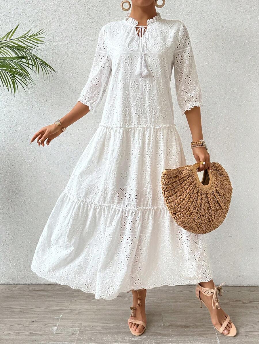 Breezaya Hollow Out Embroidered Dress With Bow Tie Collar And Ruffle Hem - White - View 1