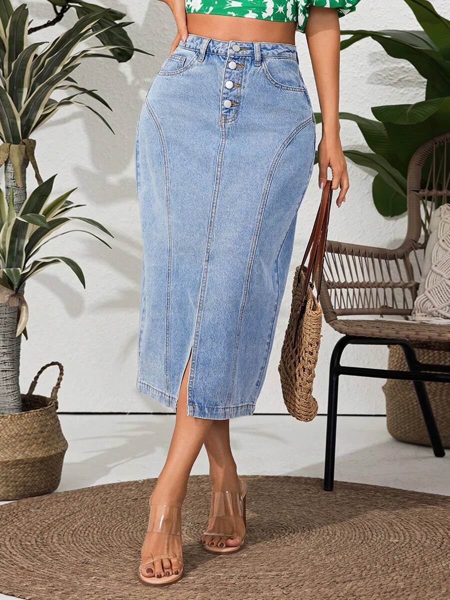 Breezaya 牛仔分襟短裙,帶口袋 - 淺色水洗藍 - 查看 1