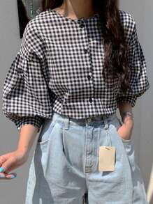 DAZY 女士宽松格纹圆领灯笼袖衬衫夏季 - 黑與白 - 查看 3