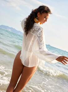 Anewsta Áo cánh tay đèn lồng phối ren và lưới tương phản dành cho nữ - trắng - Xem 2