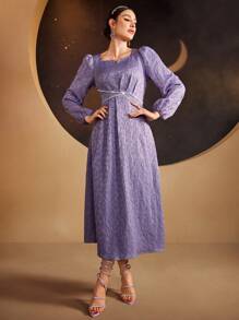 Modelyn Damen Jacquard Nagel Perlen verziertes Laternenkleider-Kleid, elegantes Abendkleid, lange Abendkleider - Violett - Übersicht 6