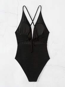 SHEIN Swim Đồ bơi liền thân họa tiết da báo cho nữ có thiết kế hở lưng và thắt eo mùa hè - màu đen - Xem 7