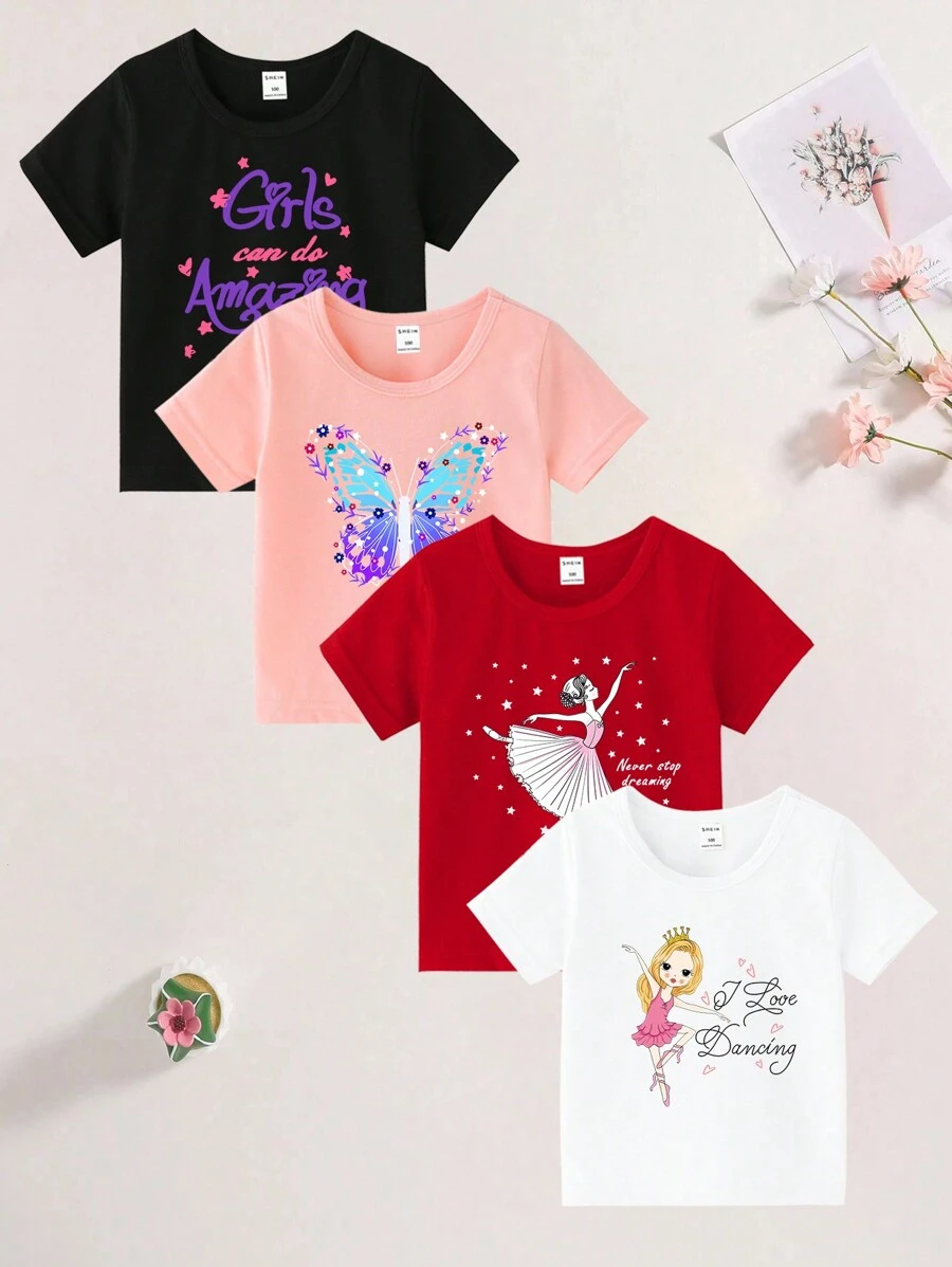 SHEIN 4件套 女童可爱蝴蝶字母印花短袖T恤 夏季热门上衣 学校、校园、大学感恩节 - 彩色 - 查看 1