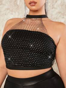 SHEIN BAE Plus Size Women's Glamorous Sheer Fishnet Halter Top With Diamond Decoration For Club & Festival