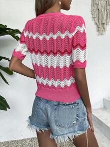 女式短袖镂空圆领针织上衣 - 玫紅色 - 查看 2
